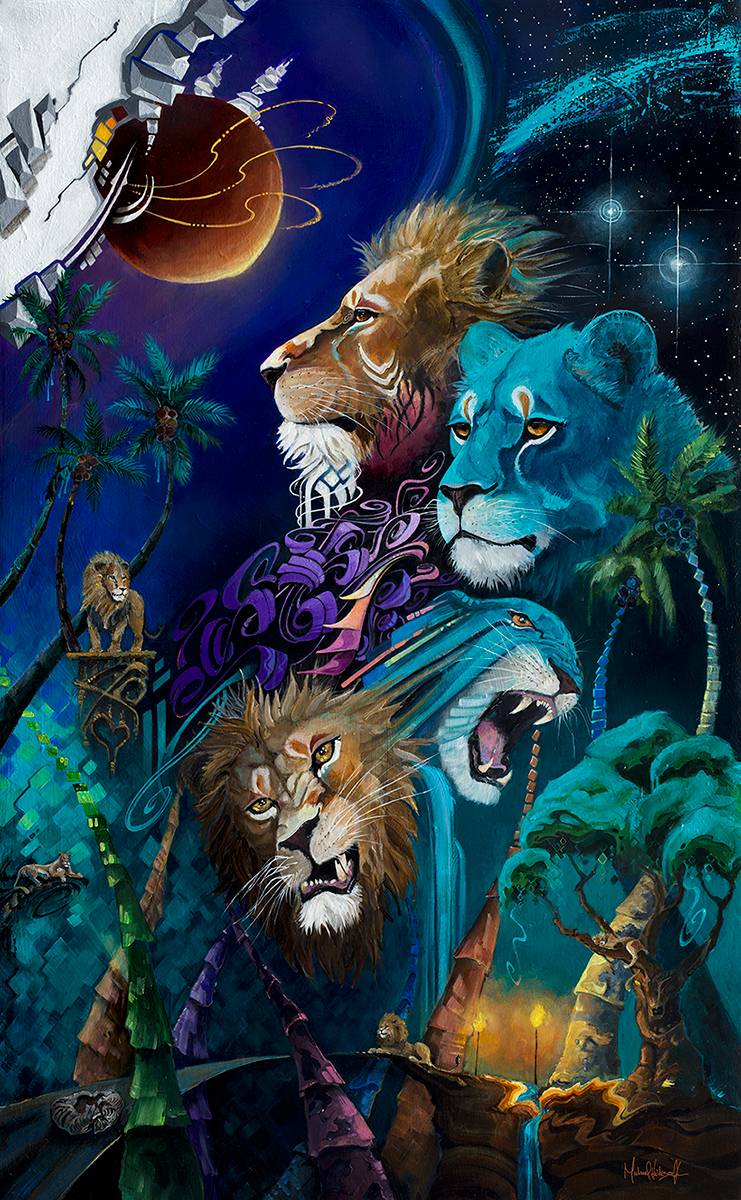 A surreal painting features four lions among palm trees, abstract swirls, a crescent moon, a planet, and stars in a vibrant, dreamlike night setting.